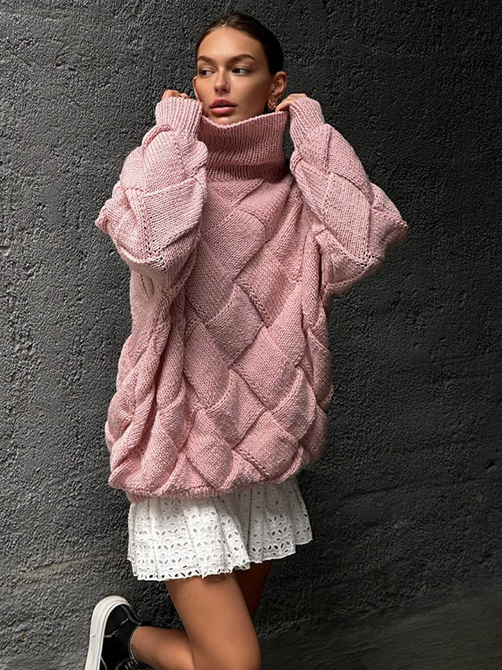 Women Oversize Knit Sweater with Roll Neck, Cable Pattern and Voluminous Balloon Sleeves Mune Fashion