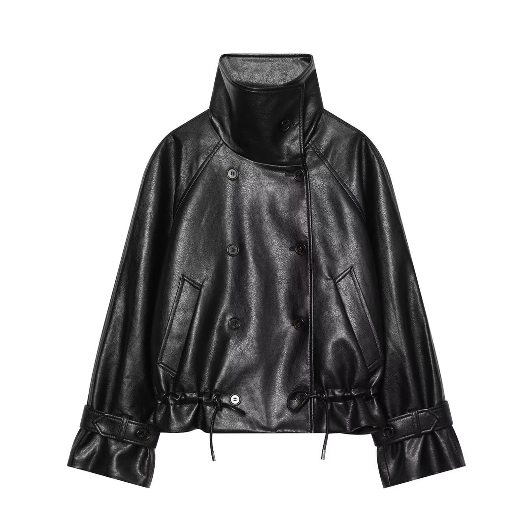 Women's Short Faux Leather Jacket with High Stand Collar, Double-Breasted and Drawstring Waist Mune Fashion