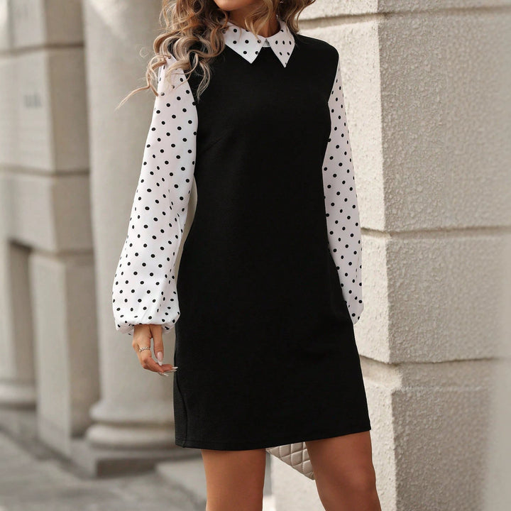 Women’s Contrast Blouse Dress with Puffed Polka Dot Sleeves and Shirt Collar Mune Fashion