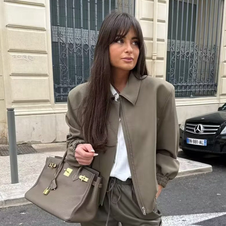 Women Minimalistic Harrington Bomber Jacket with Concealed Front Placket and Gathered Hem Mune Fashion