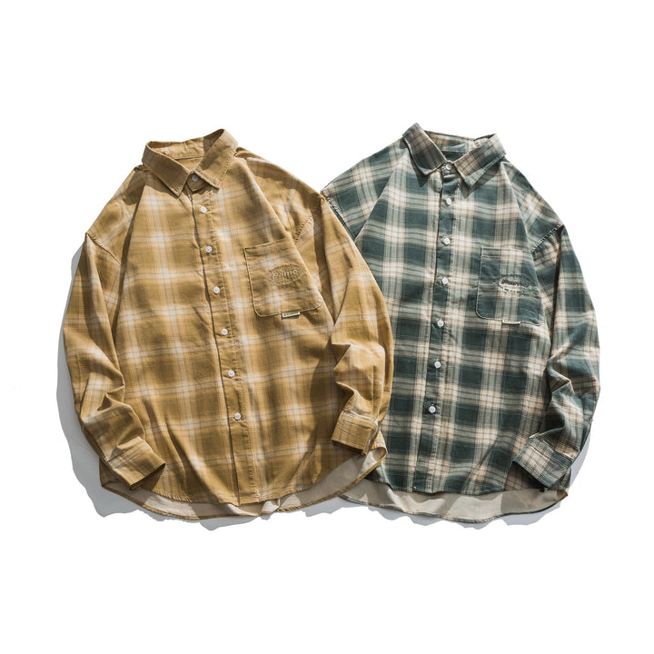 Men's oversized check shirt made of lightweight cotton blend with patch chest pocket and rounded hem Mune Fashion