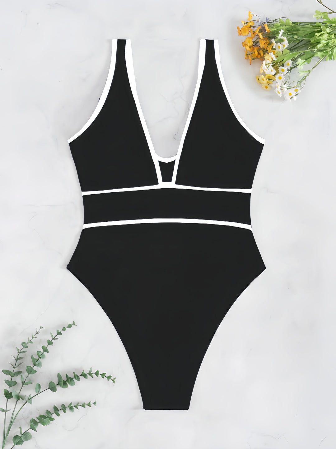 Women's One-Piece Swimsuit with Deep V-Neck and Fashionable Contrasts Mune Fashion