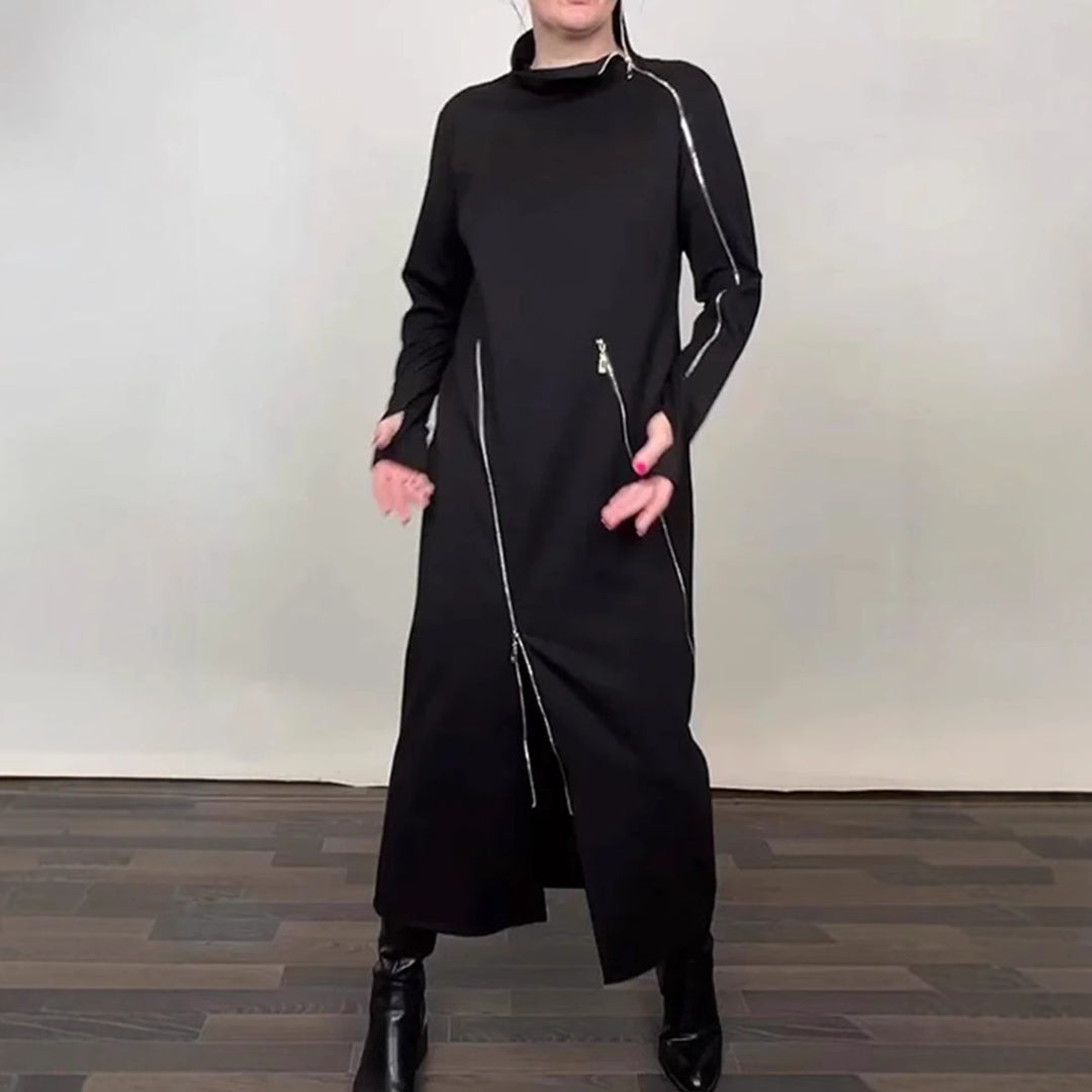 Women's Long Knit Dress with Asymmetric Metal Zippers and Front Slit Mune Fashion