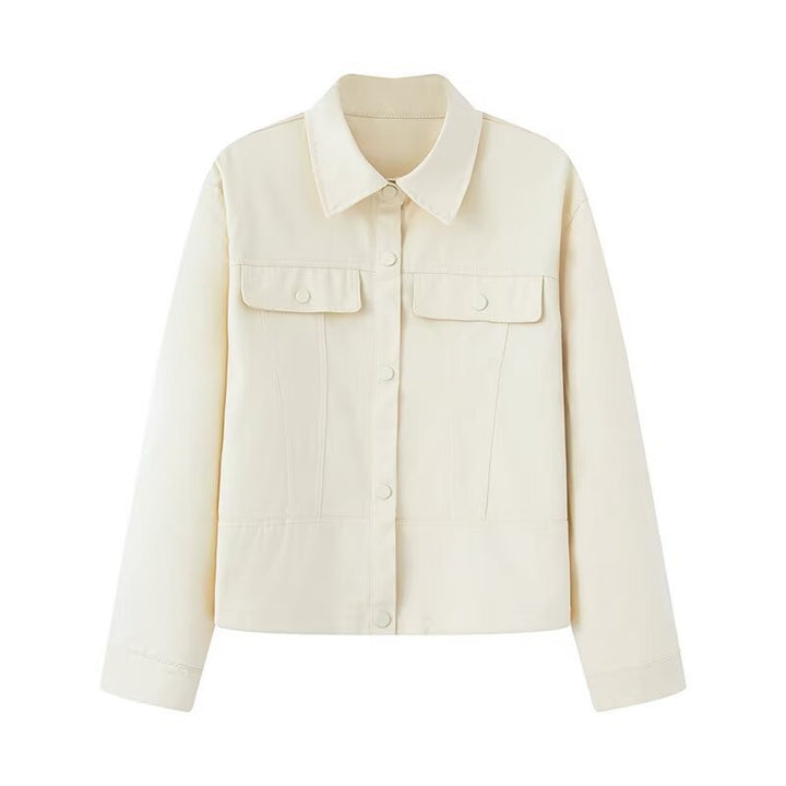 Women Short Cut Boxy Overshirt Jacket in Vegan Leather Look with Flap Pockets and Snap Button Closure Mune Fashion