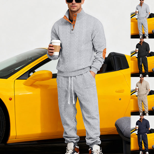 Men's knitted combination of sweater and joggers with cable pattern and elbow patches Mune Fashion