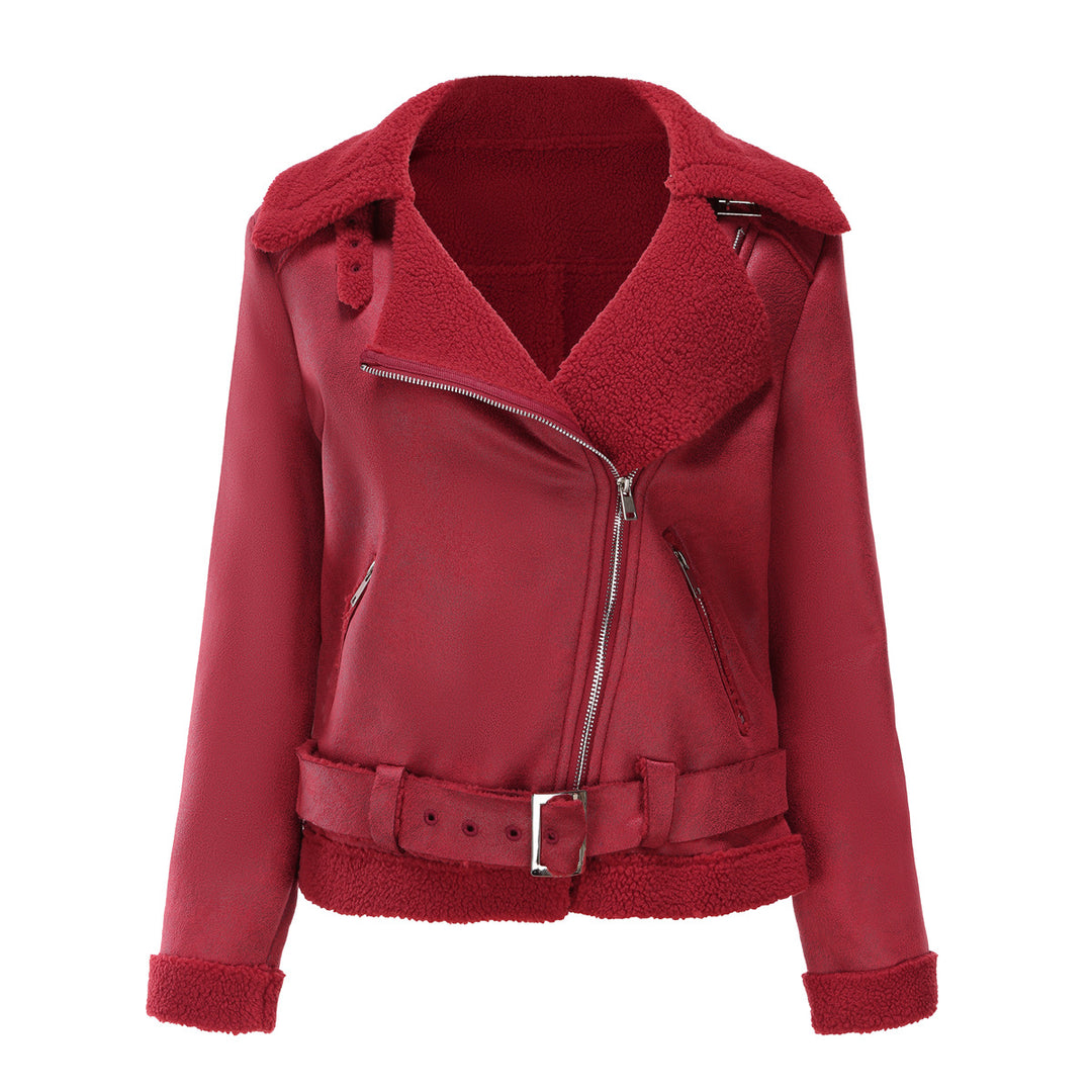 Women’s tailored lambskin imitation pilot jacket with belt and teddy lining Mune Fashion