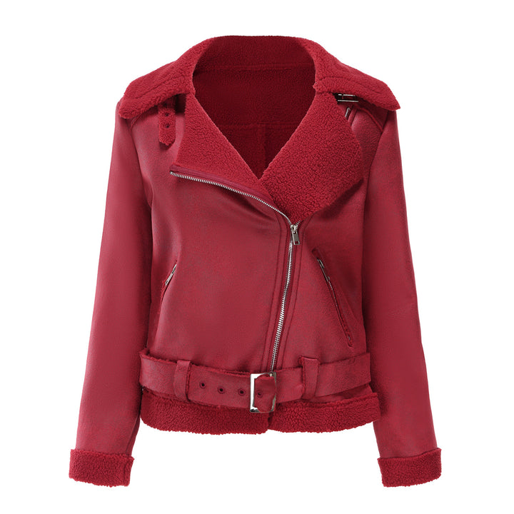 Women’s tailored lambskin imitation pilot jacket with belt and teddy lining Mune Fashion