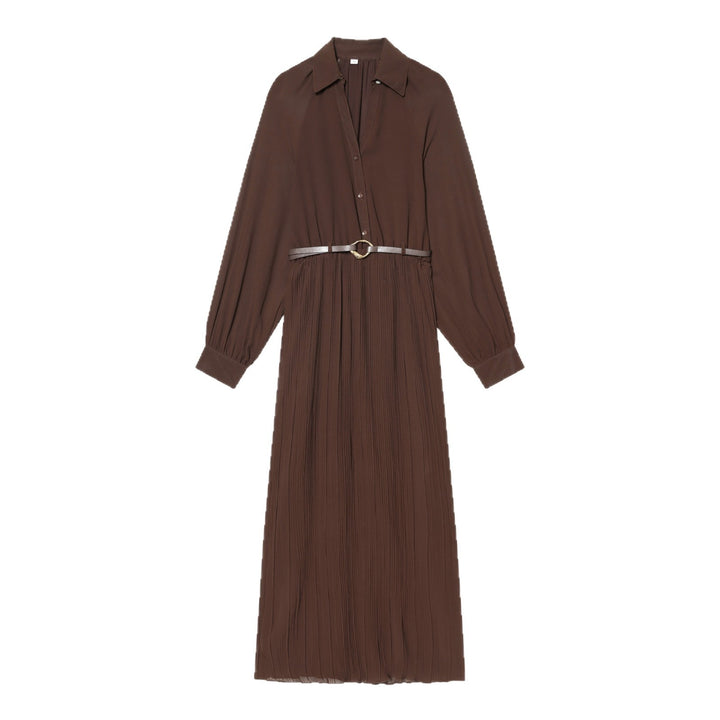 Women Pleated Shirt Dress with Balloon Sleeves, Concealed Button Placket, and Waist Belt Mune Fashion