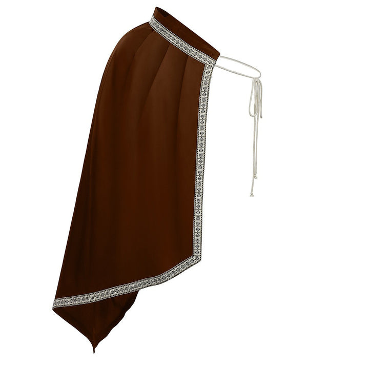 Unisex cape with shoulder plates, laced collar, faux fur trim, adjustable leather straps, and asymmetric train Mune Fashion