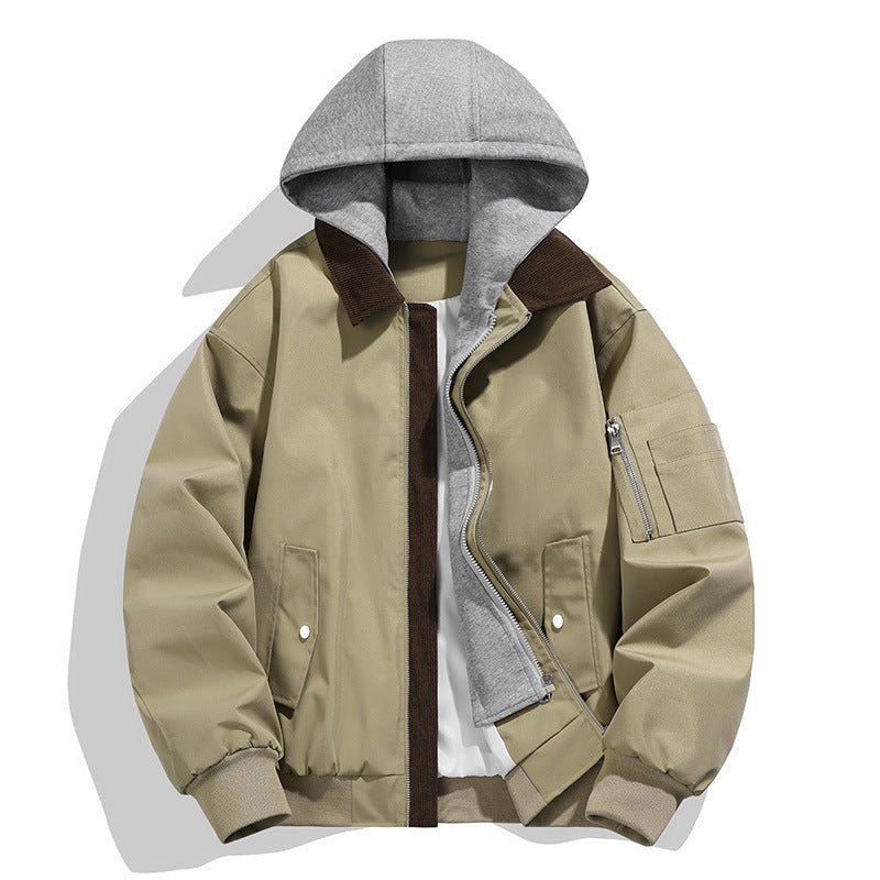 Men's casual leisure bomber jacket with内置 hood layer and cord stand collar Mune Fashion
