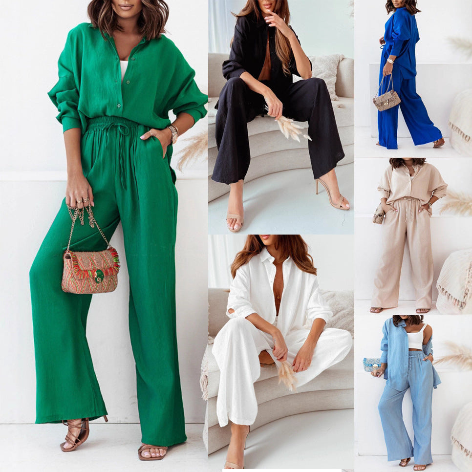 Women’s Crinkle Lounge Set with oversized button-up blouse and wide palazzo pants Mune Fashion
