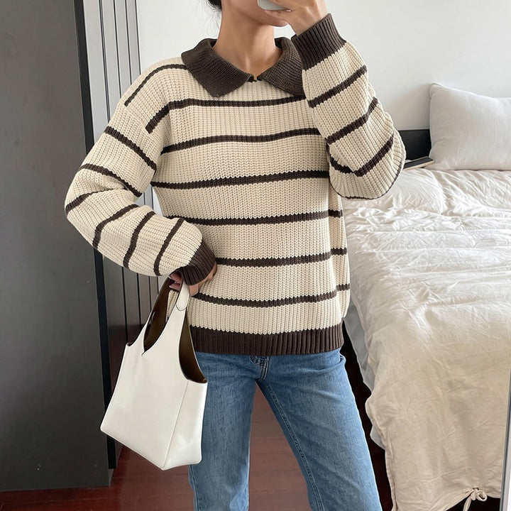 Women's Striped Knit Polo Sweater with Contrast Collar and Loose Oversize Fit Mune Fashion