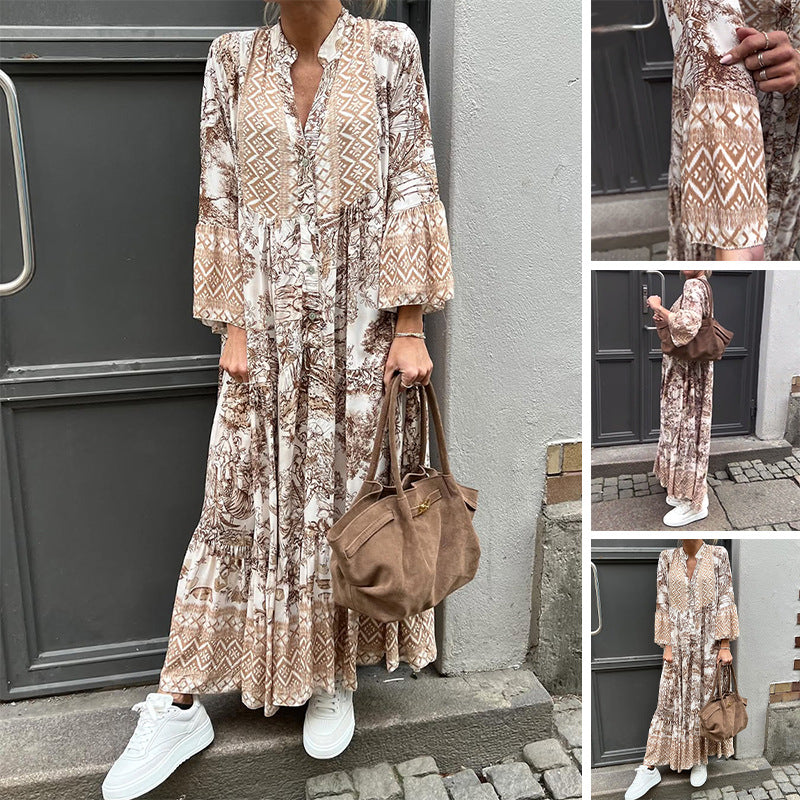 Ladies' tiered maxi dress with ethnic border, stand-up collar, and wide bell sleeves Mune Fashion