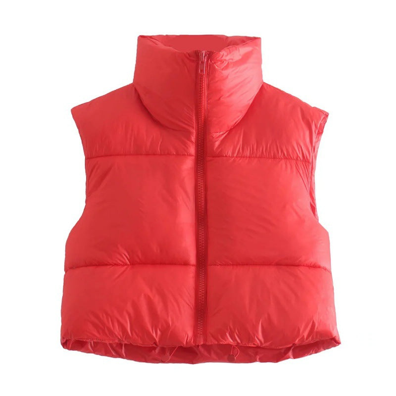 Women's short quilted vest with high stand-up collar, padded thermal filling, and adjustable drawstring hem Mune Fashion