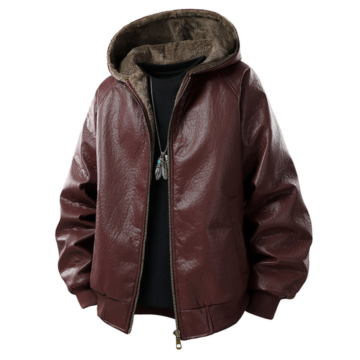 Herren gefütterte Kunstleder-Bomberjacke mit Kapuze und Teddyfutter Mune Fashion