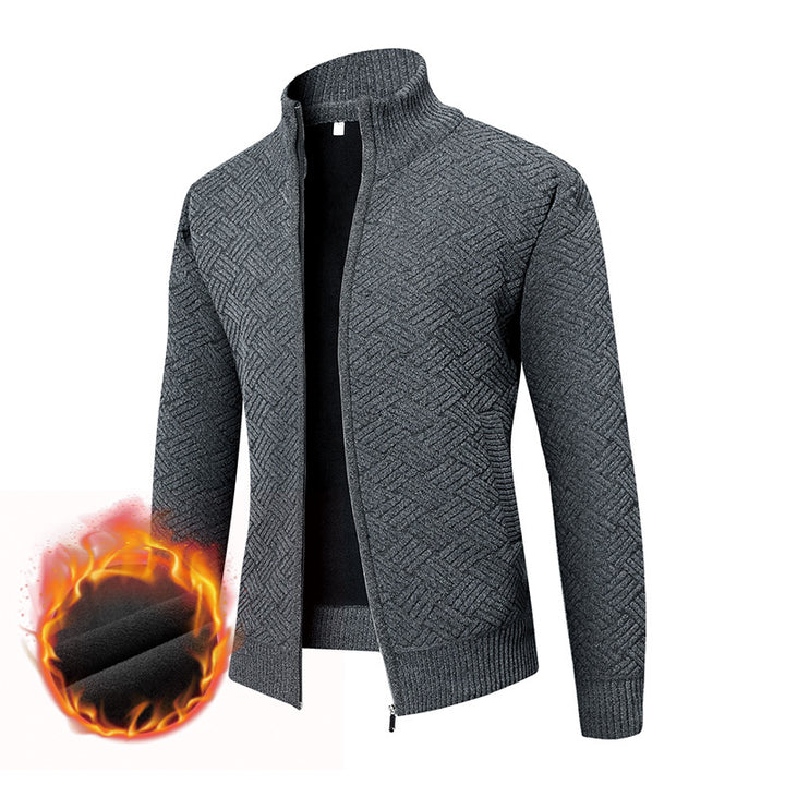 Men's Thermal Knit Jacket with Full Zip, Lined Stand-Up Collar and Geometric Structure Pattern Mune Fashion