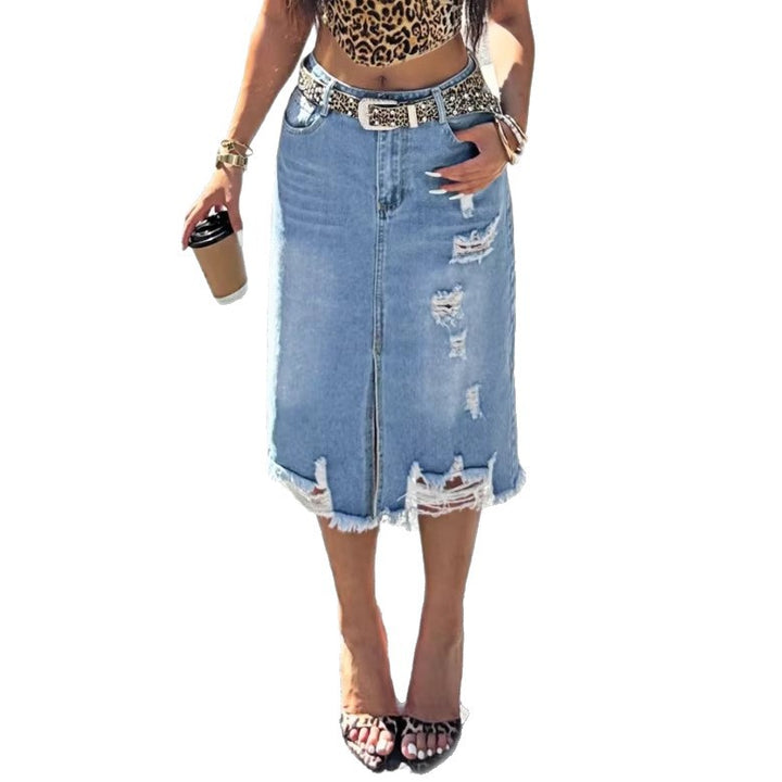 Ladies Denim Midi Skirt with Fringes Front Slit and Used Effects Mune Fashion