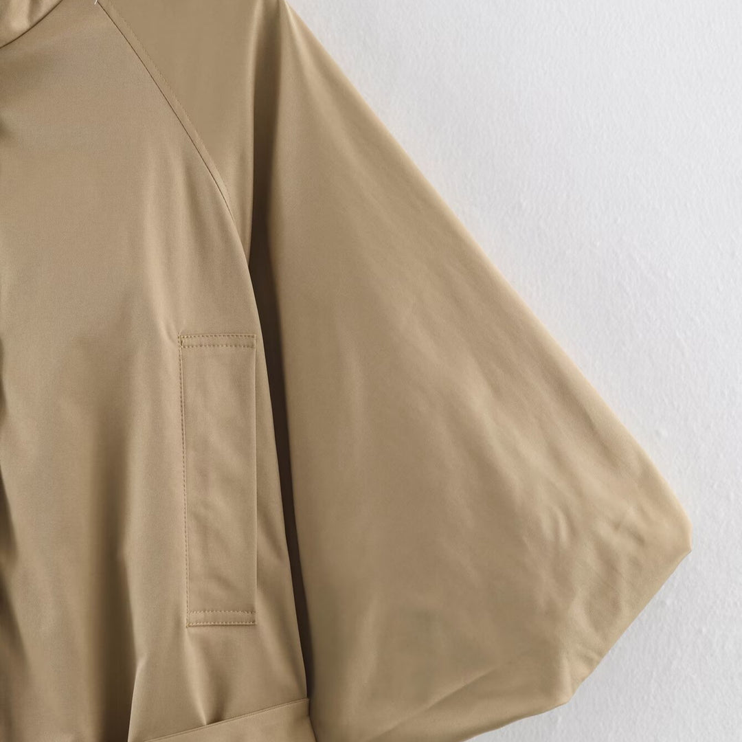 Women Short Cape Trench with Wide Batwing Sleeve, Stand Collar and Waist Belt Mune Fashion