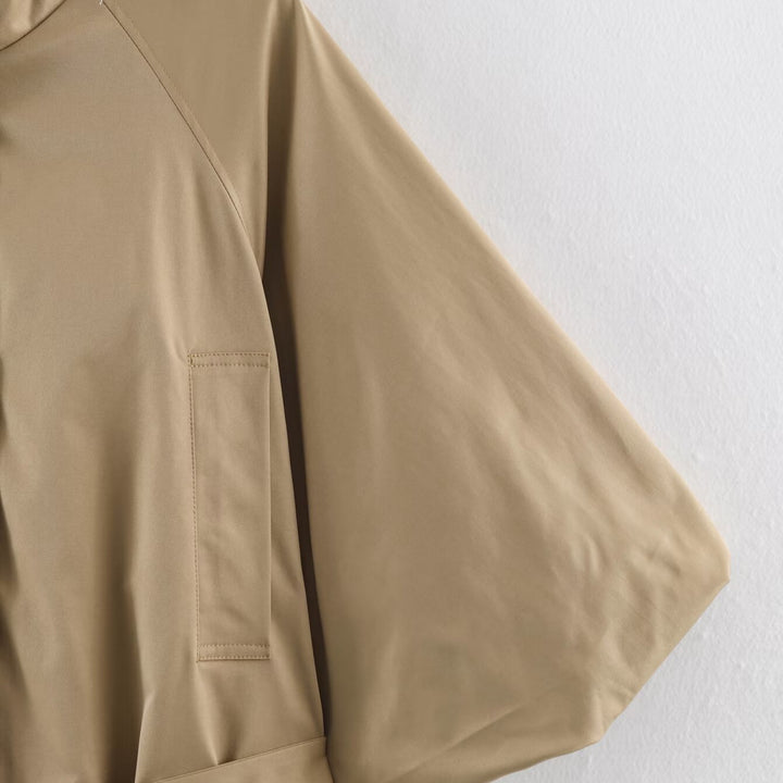 Women Short Cape Trench with Wide Batwing Sleeve, Stand Collar and Waist Belt Mune Fashion