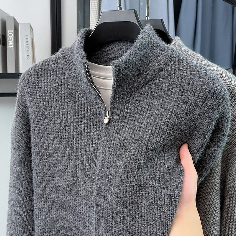 Men's Cozy Zip Sweater made of Mohair Blend with Fine Rib Structure and Stand-Up Collar Mune Fashion
