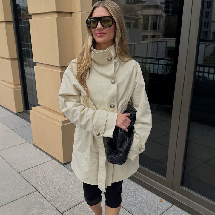 Women Short Wind and Transitional Coat with High Standing Collar and Tie Belt Mune Fashion