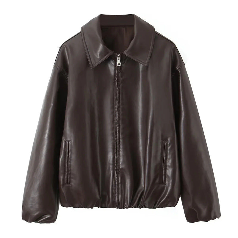 Women's Oversize Faux Leather Bomber with Shirt Collar, Concealed Zipper and Balloon Sleeves Mune Fashion