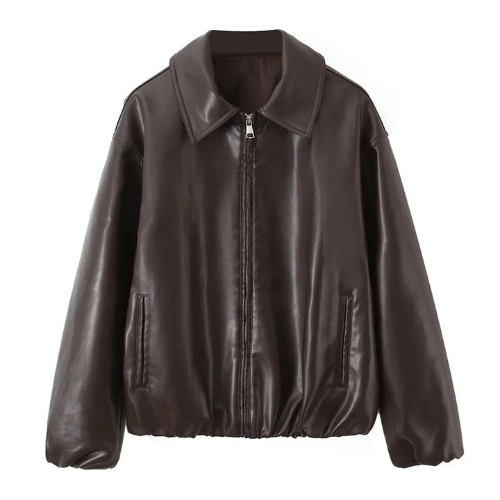 Women's Oversize Faux Leather Bomber with Shirt Collar, Concealed Zipper and Balloon Sleeves Mune Fashion