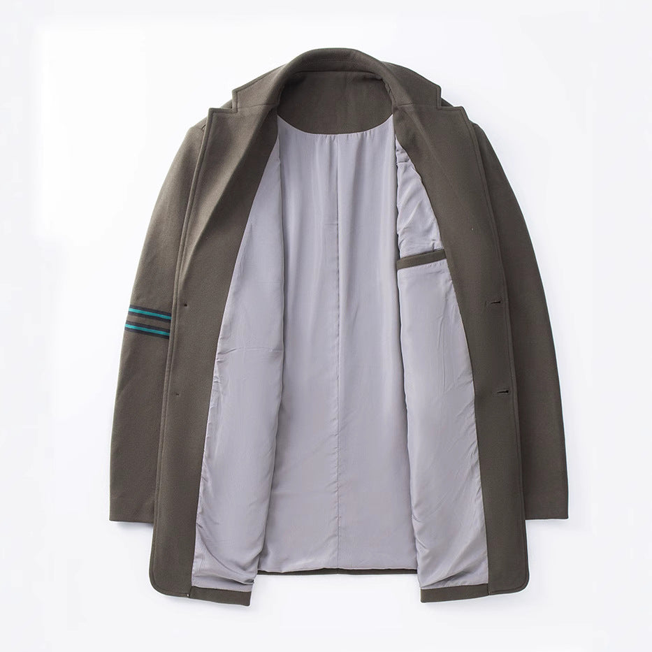 Men's Casual Wool Blend Transitional Coat with Lapel, Two-Button Closure and Striped Sleeve Detail Mune Fashion