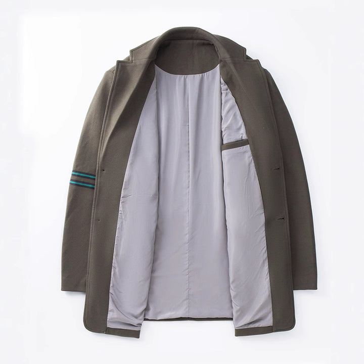 Men's Casual Wool Blend Transitional Coat with Lapel, Two-Button Closure and Striped Sleeve Detail Mune Fashion