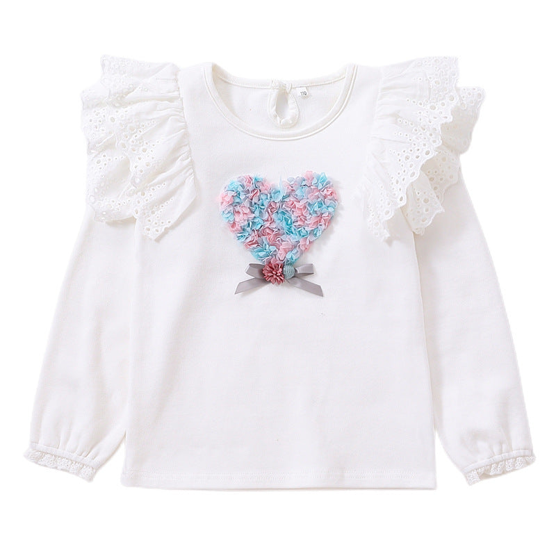 Girls Round Neck Sweatshirt with Ruffle Details and Heart Application Mune Fashion