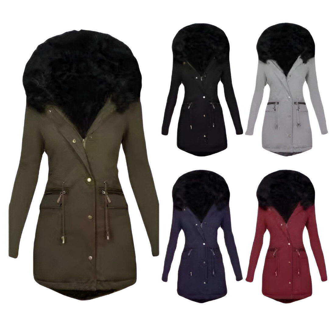 Women Slim-Fit Thermal Parka with voluminous faux fur hood and drawstring Mune Fashion