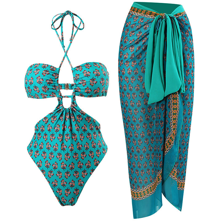 Women's bandeau bikini with floral accents and light wrap skirt Mune Fashion