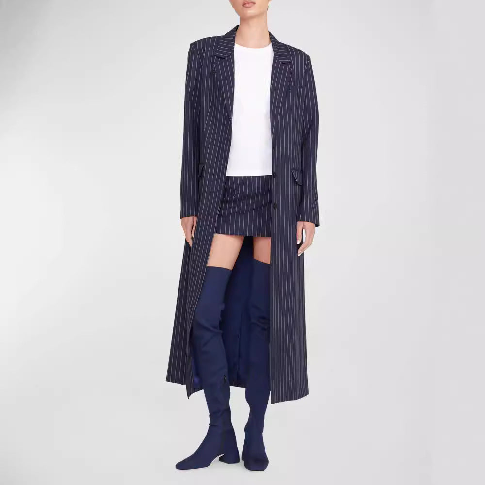 Women's Oversize Longline Coat in Pinstripe Look with Slit and Flap Pockets Mune Fashion