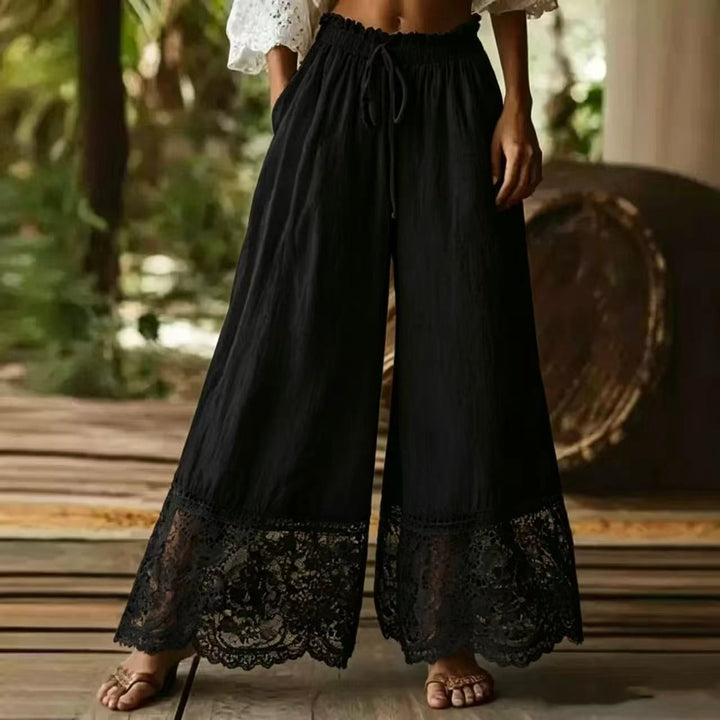 Women's loose linen pants with elastic drawstring waistband and lace trim Mune Fashion