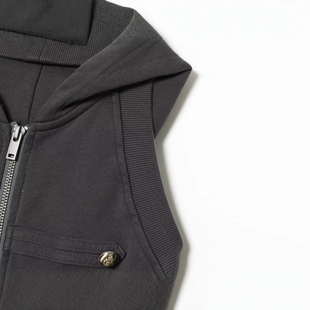 Women's Sleeveless Hooded Vest with Zipper and Military Decorative Buttons Mune Fashion