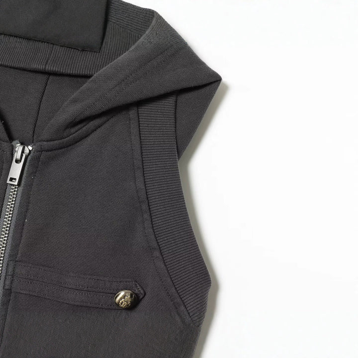 Women's Sleeveless Hooded Vest with Zipper and Military Decorative Buttons Mune Fashion