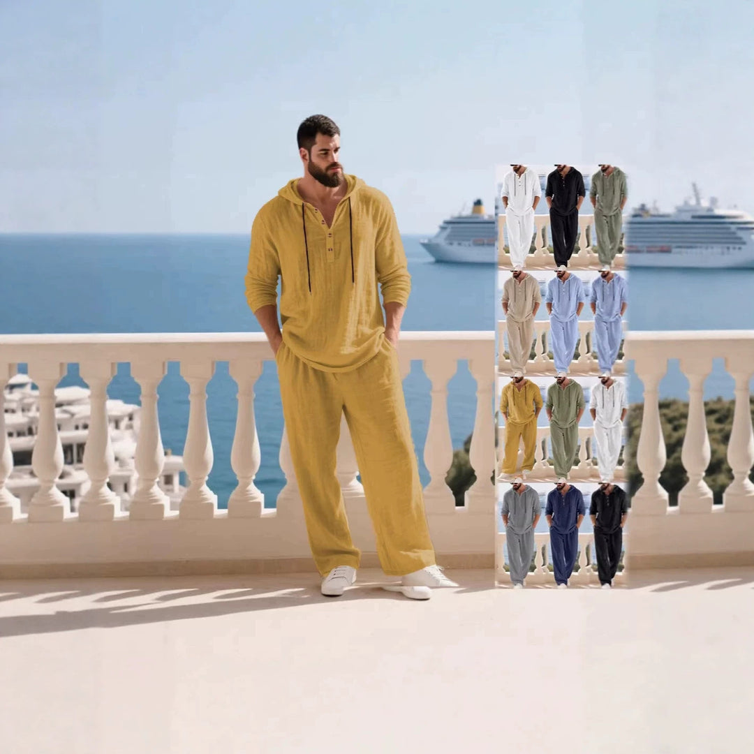 Men's casual linen two-piece set with hooded Henley-style shirt and loose-fitting leisure pants Mune Fashion