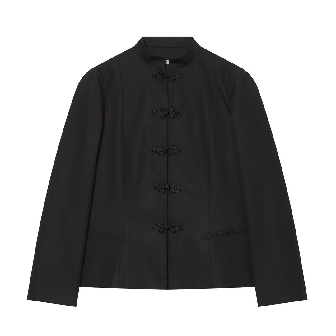 Women Tailored Short Blazer with Stand-Up Collar and Decorative Knot Closures Mune Fashion