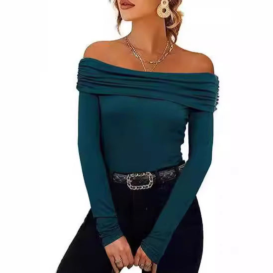 Women's Figure-hugging Off-shoulder Long Sleeve Fine Knit Shirt with Bardot Neckline
