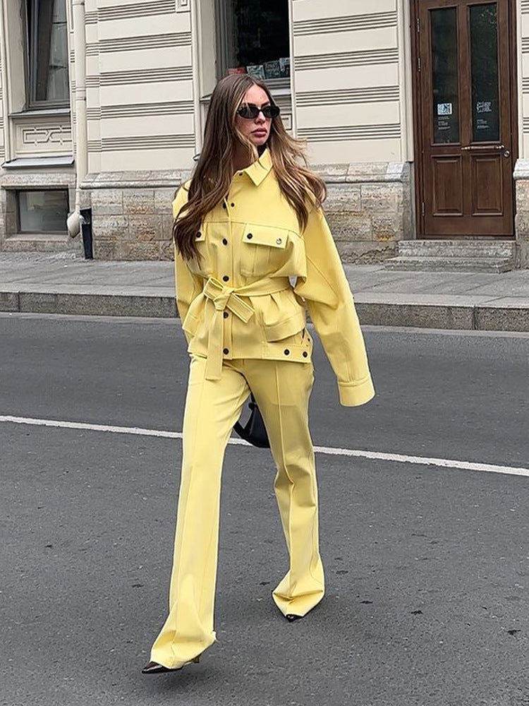 Women's Utility Blazer with Tie Belt and High-Waisted Trousers Mune Fashion