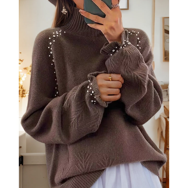 Ladies oversized knit sweater with stand-up collar and pearl details Mune Fashion