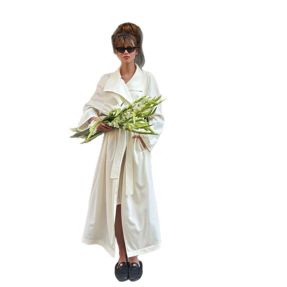 Women’s Maxi Long Wrap Coat made from flowing material with wide shawl collar Mune Fashion
