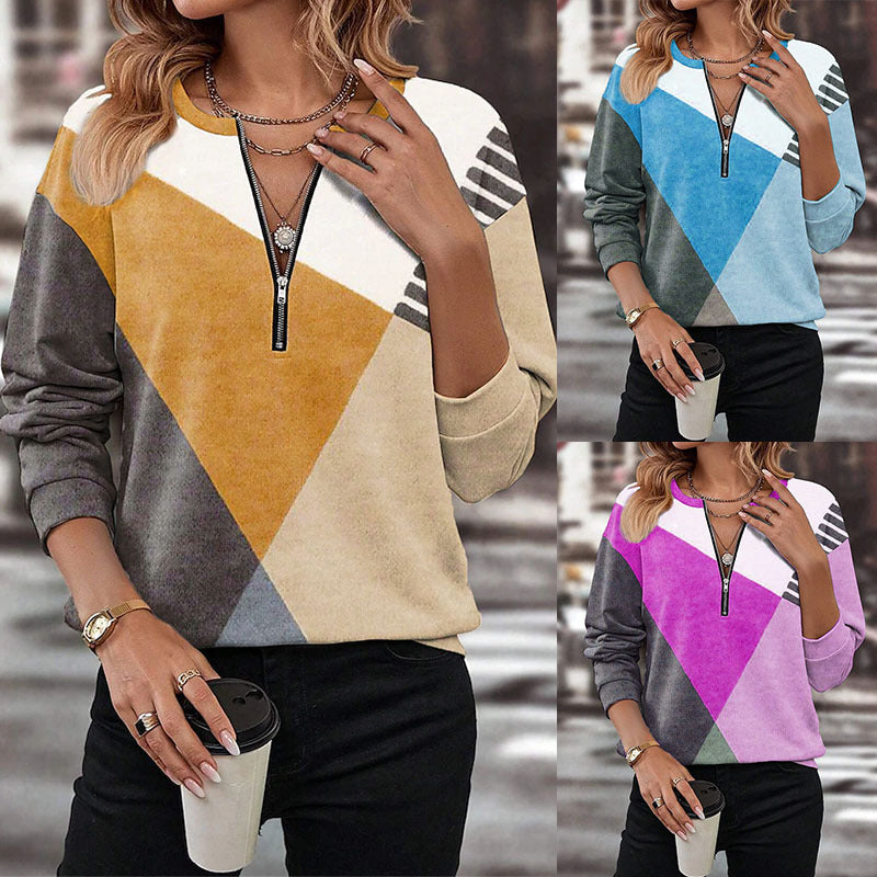 Women's leisure sweatshirt with half zipper and geometric color block pattern Mune Fashion