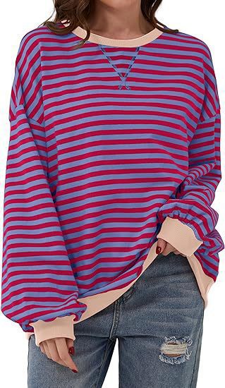 Women Casual Oversized Stripe Sweatshirt with Raglan Sleeves and Contrast Cuffs Drune