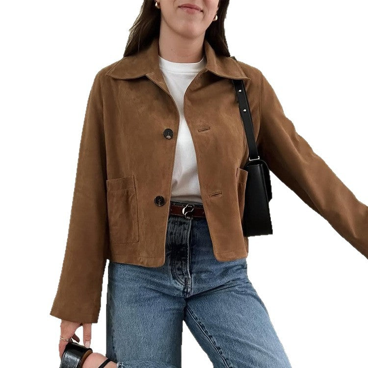 Women Short Cut Suede Jacket with Shirt Collar and Patch Pockets Mune Fashion