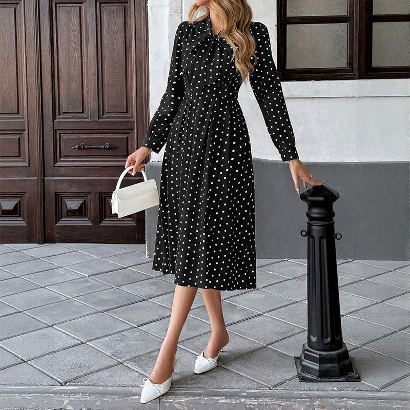 Women Elegant Midi Dress with Bow and Dots Mune Fashion