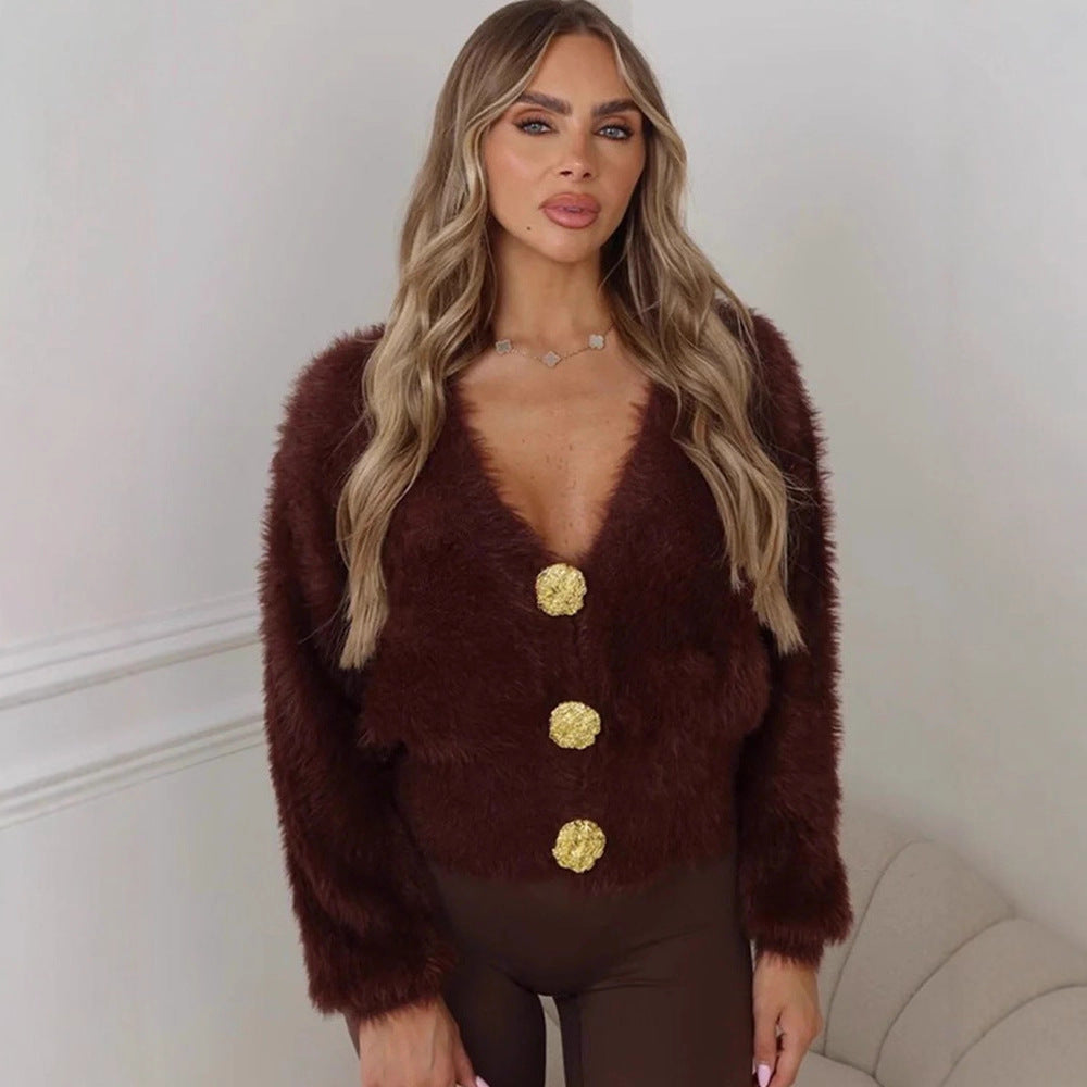 Women's Fluffy Short Jacket with V-Neck and Metallic Decorative Buttons Mune Fashion