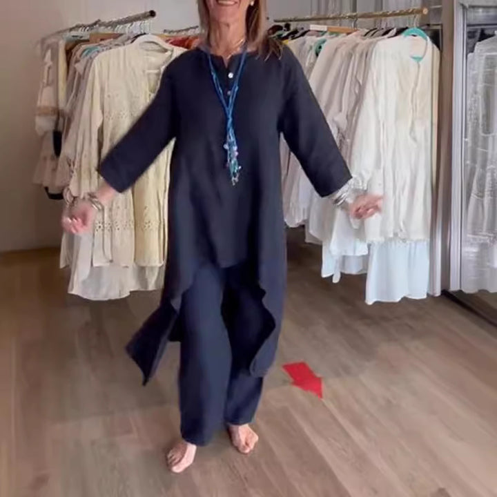 Women's Midi-Length Linen Tunic Set with Asymmetric Hem and Wide Palazzo Pants Mune Fashion