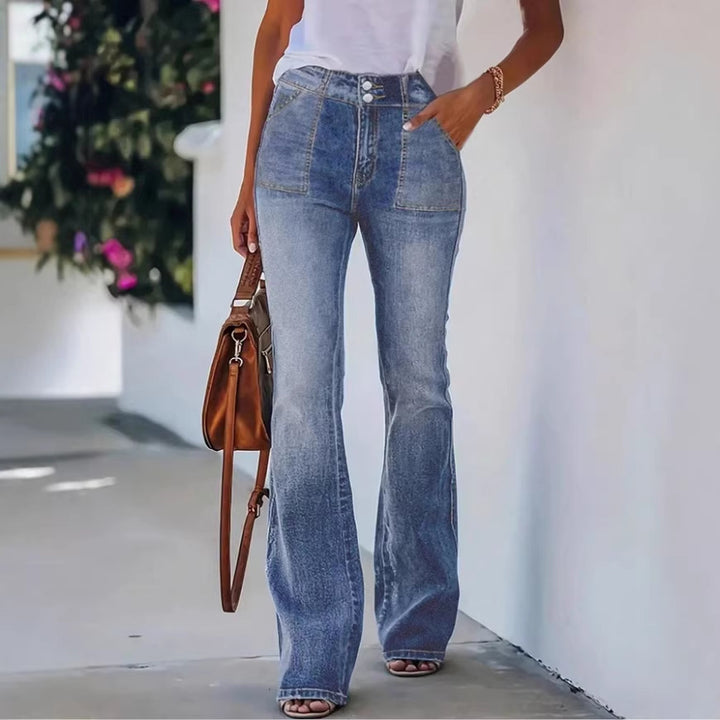 Women's High-Waisted Flared Denim Pants with Front Decorative Stitching and Shaping Waistband Mune Fashion