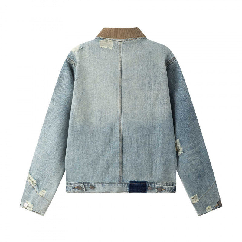 Unisex Boxy Denim jacket in Worker look with cord collar, used effect and large breast pockets Mune Fashion